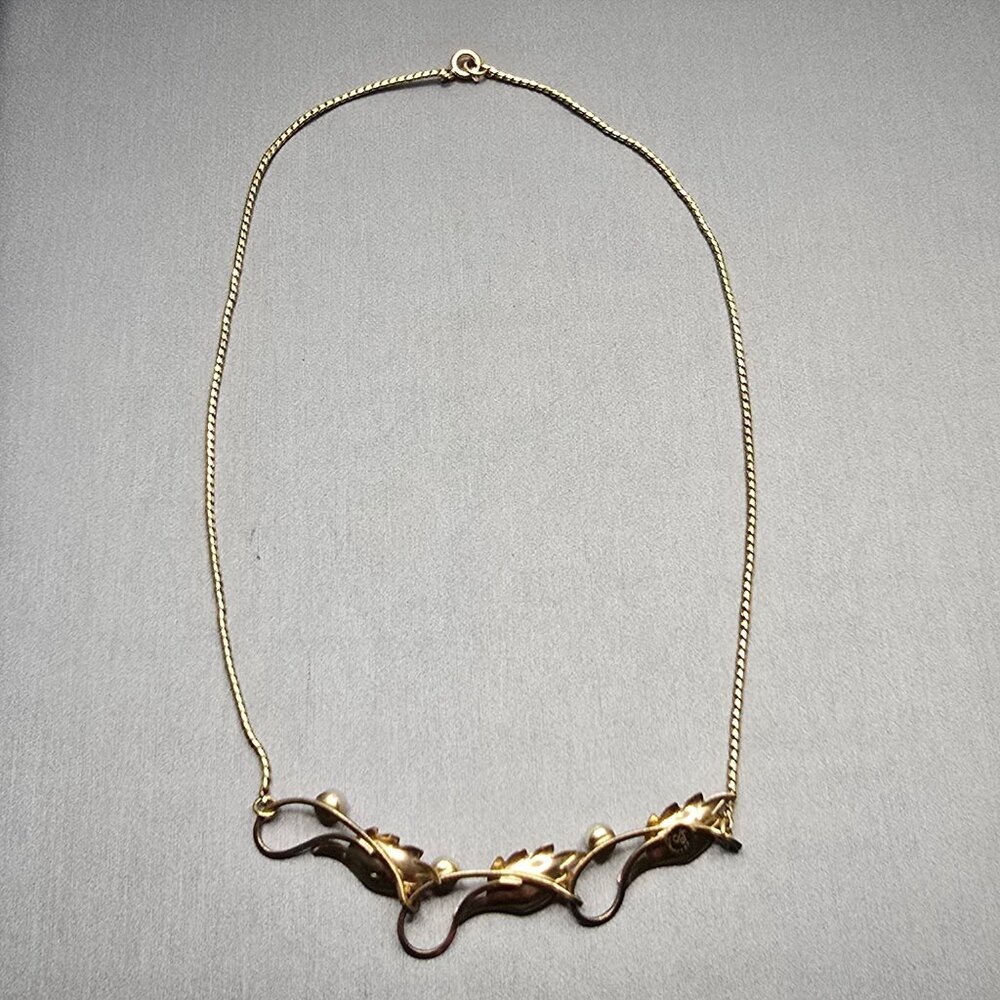 VTG De Curtis DEC 14K Gold Filled Pearl Leaf Choker Necklace 14" Mid‑Century 50s - Picture 8 of 16